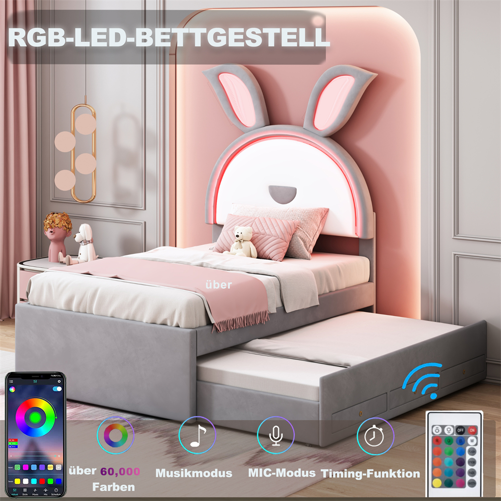 Kinderbett Polsterbett 90 x 200 cm LED-Licht Samtstoff Multifunktionales, Einzelbett-Schlafsofa mit ausziehbarem Bett, Stauraumschublade