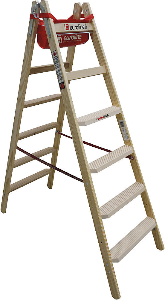 Holz-Stehleiter mit Komfort-Stufen, beidseitig begehbar, 2 x 6 Stufen euroline