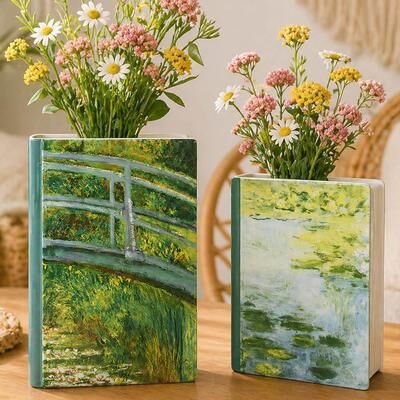 American Art Decor Vintage Ceramic Book Vase Set, 2pc Tabletop Decor