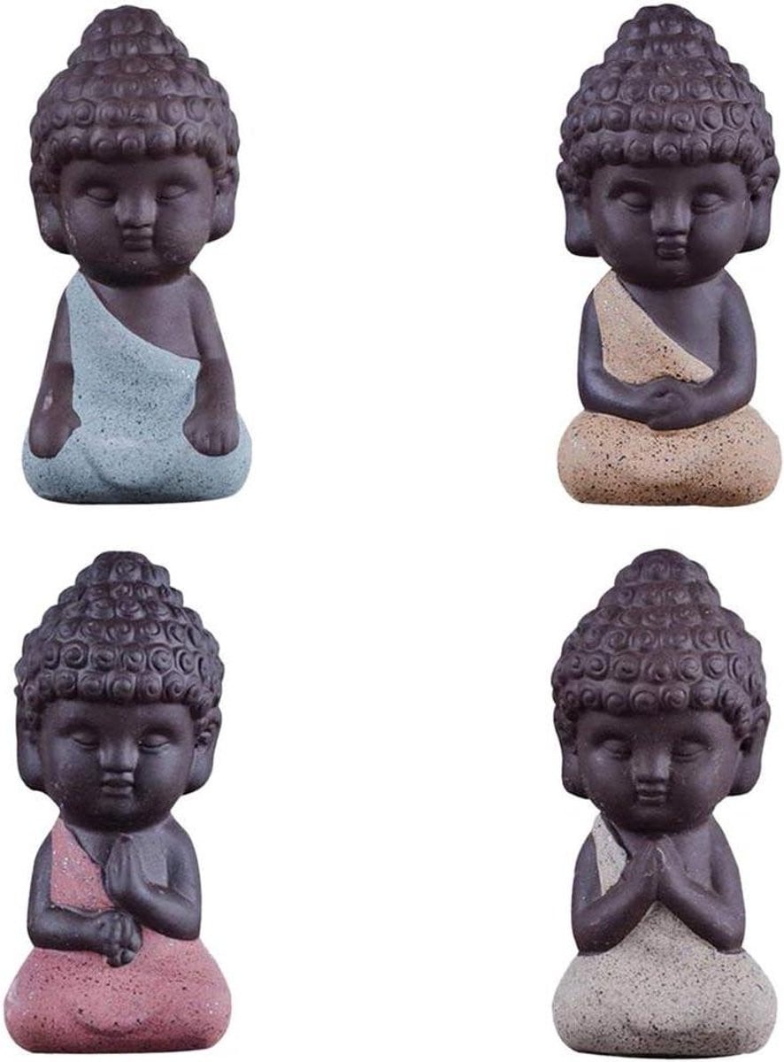 Set van 4 Bruine Keramische Boeddha Standbeelden voor Thee Ceremonie Decoratie