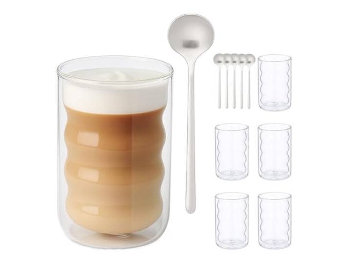 Relaxdays Tasse à latte macchiato\, en lot pratique de 6\, transparente superbe design\, double paroi\, capacité : 350 ml