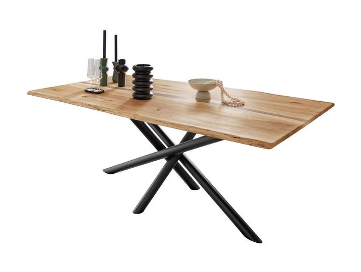 Woodroom Esstisch Gizeh (Spinnengestell 200 × 100 cm), Wildeiche massiv geölt, Baumkante mit Epoxidharz