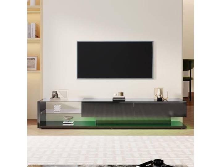 FammyLoft 170cm Hochglanz TV Lowboard mit 2 Schubladen, TV Schrank mit Stauraum, Moderner Fernsehschrank mit Variable LED-Beleuchtung, Fernseher Schrank für Wohnzimmer, Glastrennwände, Schwarz