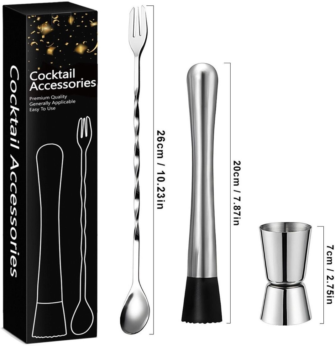 INF Edelstahl-Cocktail-Set 15/30ml Jigger, Barlöffel mit Gabel und Stampfer - Silber, 3-teilige Farbbox