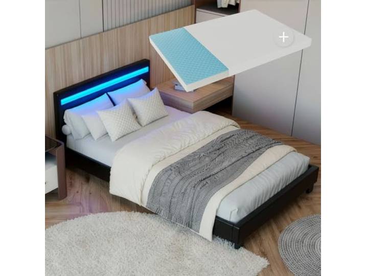 Juskys Polsterbett Paris 90x200 cm schwarz mit Matratze - Einzelbett & LED-Beleuchtung, Lattenrost & Kopfteil - Bett aus Holz & Kunstleder-Bezug