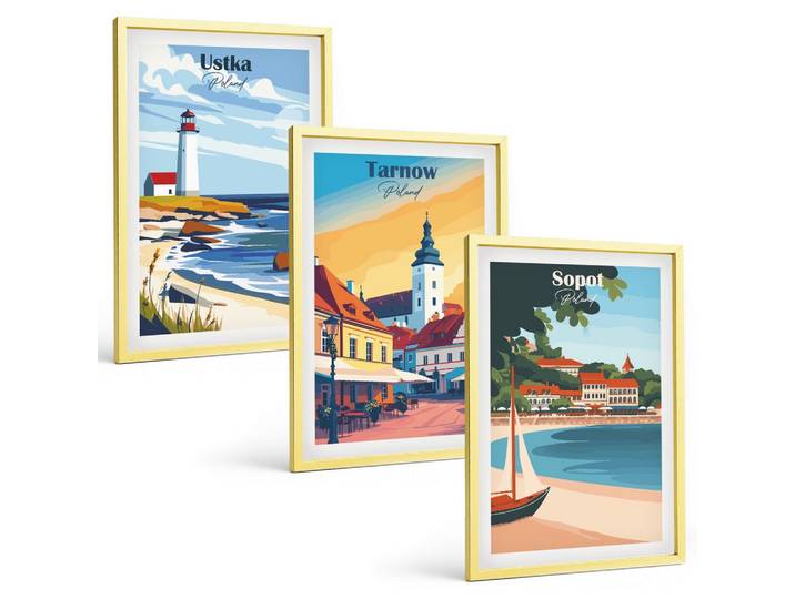 BILDER SET 3er Set - 40x60 cm Goldrahmen - Stadtansichten Ustka Tarnów Sopot