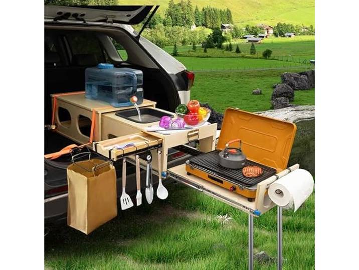 JAGAHAHA Overland Campingbox für Auto, Klappbare Campingküche mit Spüle, küchenbox Camping, Stauraum und Platz für 2 Brenner - Perfekt für Kochen, Waschen, Schneiden, Schneller Aufbau in 1 Min