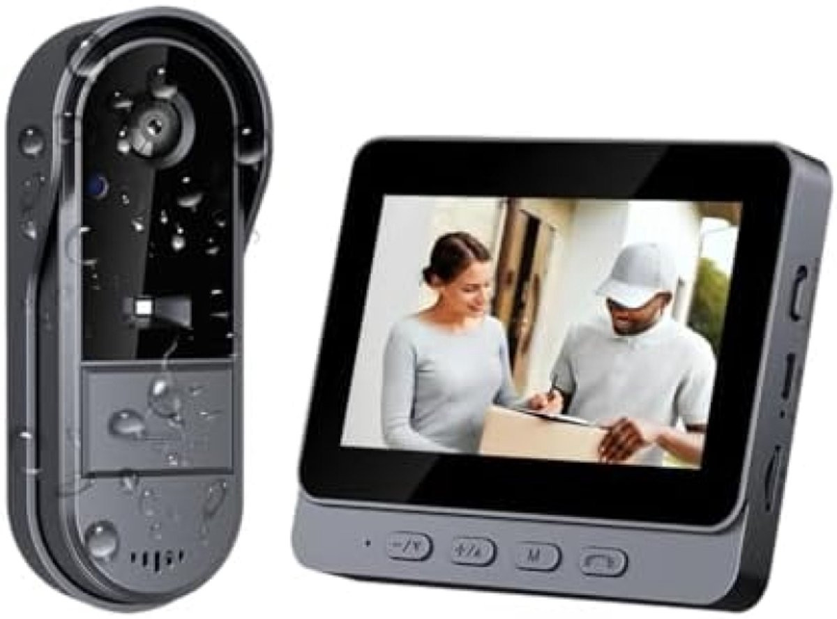 Draadloze videodeurbel met monitor en nachtzicht in zwart en grijs