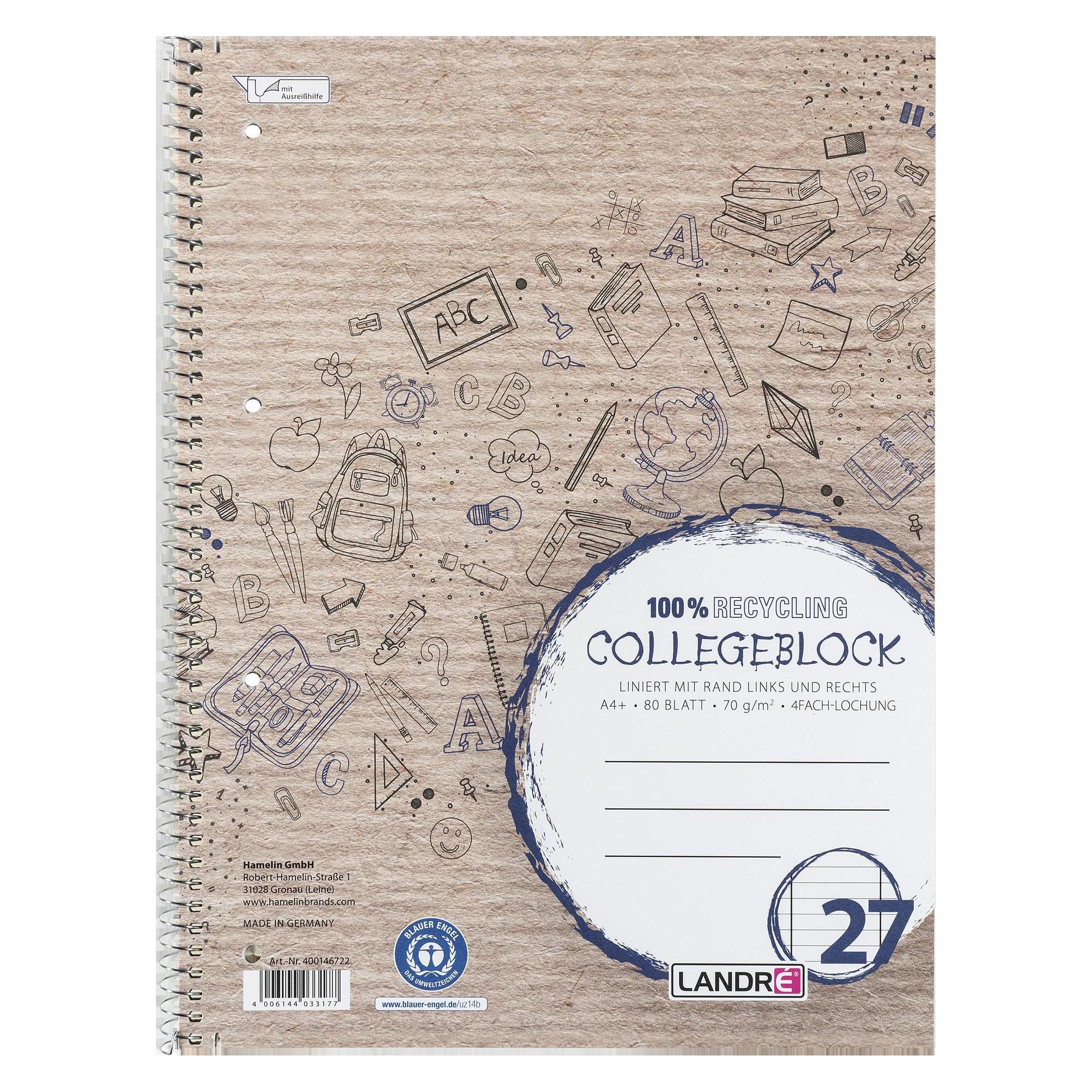 Landré Collegeblock Recycling Lineatur 27 liniert DIN A4 Innen- und Aussenrand (DIN A4 plus) (400146722)