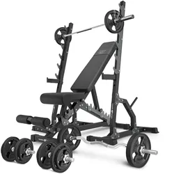 Set MS24_2.0_83KG_G | Doppelseitige Bank + Multilevel-Ständer (2 Stück) + Stangen- und Hantelscheiben gummiert Set 83 kg - Marbo Sport