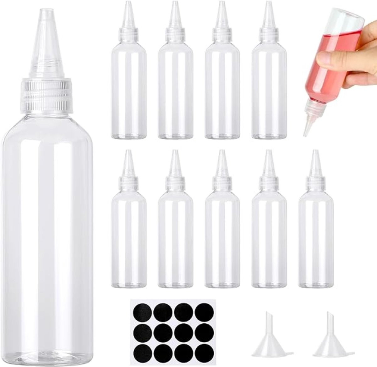 Set van 12 doorzichtige knijpflessen van 100 ml met precisietuit en trechter