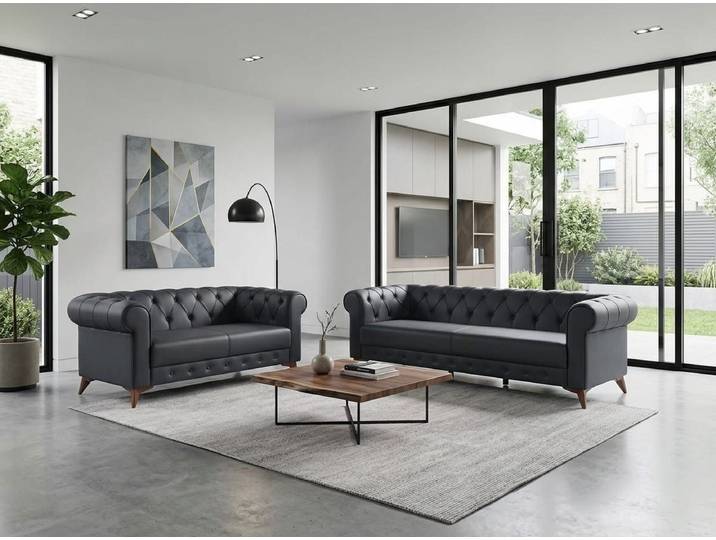 Xlmoebel Chesterfield-Sofa Chesterfield 3-Sitzer-Sofa 2-Sitzer-Sofa klassisch Leder silbergrau, 2 Teile