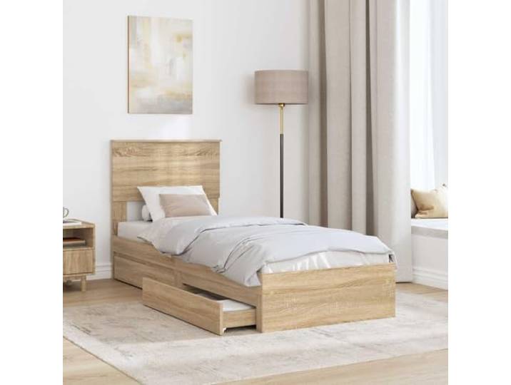SKTQYQO Boxspringbett mit Kopfteil Eiche Sonoma 75 x 190 cm Technisches Holz, platzsparende Schublade, Lattenrost, einfache Montage