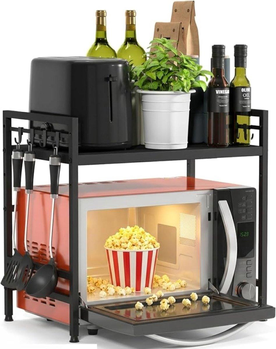 PromoHome Magnetronplank, staande keukenplank met 2 niveaus, zwart, inclusief 8 haken en montageset