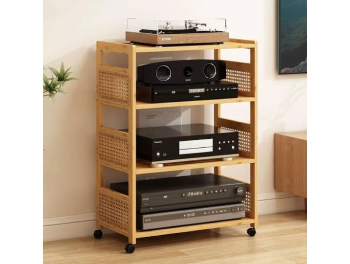 CTSSWMWY HiFi Rack AV-Regal Record Player Stand aus Massivholz, offenes 4-stöckig verstellbares Regal auf Rollen, kompakt für Wohnzimmer, Spielzimmer und Schlafzimmer(A,26*13*33IN)