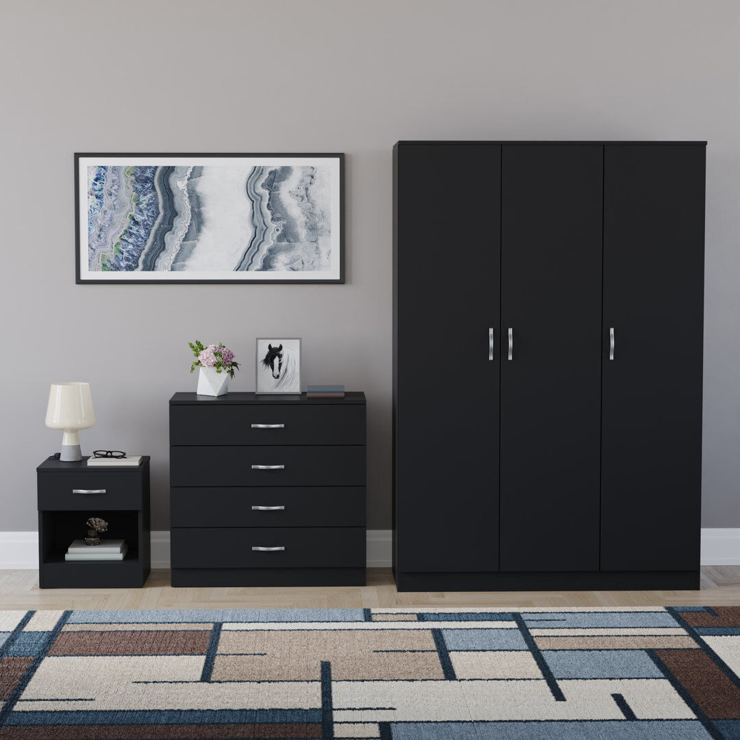 17 Stories Maybery 3 Piece Bedroom Set (1 Drawer Bedside Chest, 4 Drawer Chest, 3 Door Wardrobe), (5) Black