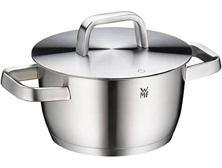 WMF Iconic Kochtopf klein 18cm, hochwertiger Edelstahldeckel, Fleischtopf Induktion 2,3l, kleiner Topf, wärmereduzierende Griffe, Cromargan Edelstahl poliert, unbeschichtet