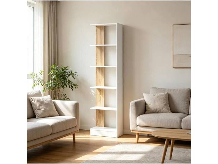 Bibliothèque ouverte moderne sur pied – Blanc et chêne – 5 étagères – 45 x 21 x 170 cm