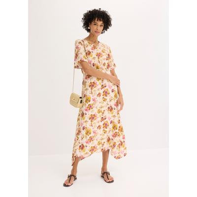 Midikleid BONPRIX, Damen, Gr. 44, N-Gr, Halbarm, bunt (kieselbeige floral), Obermaterial: 100% Viskose. Futter: 100% Polyester, tailliert, Kleider Midikleid