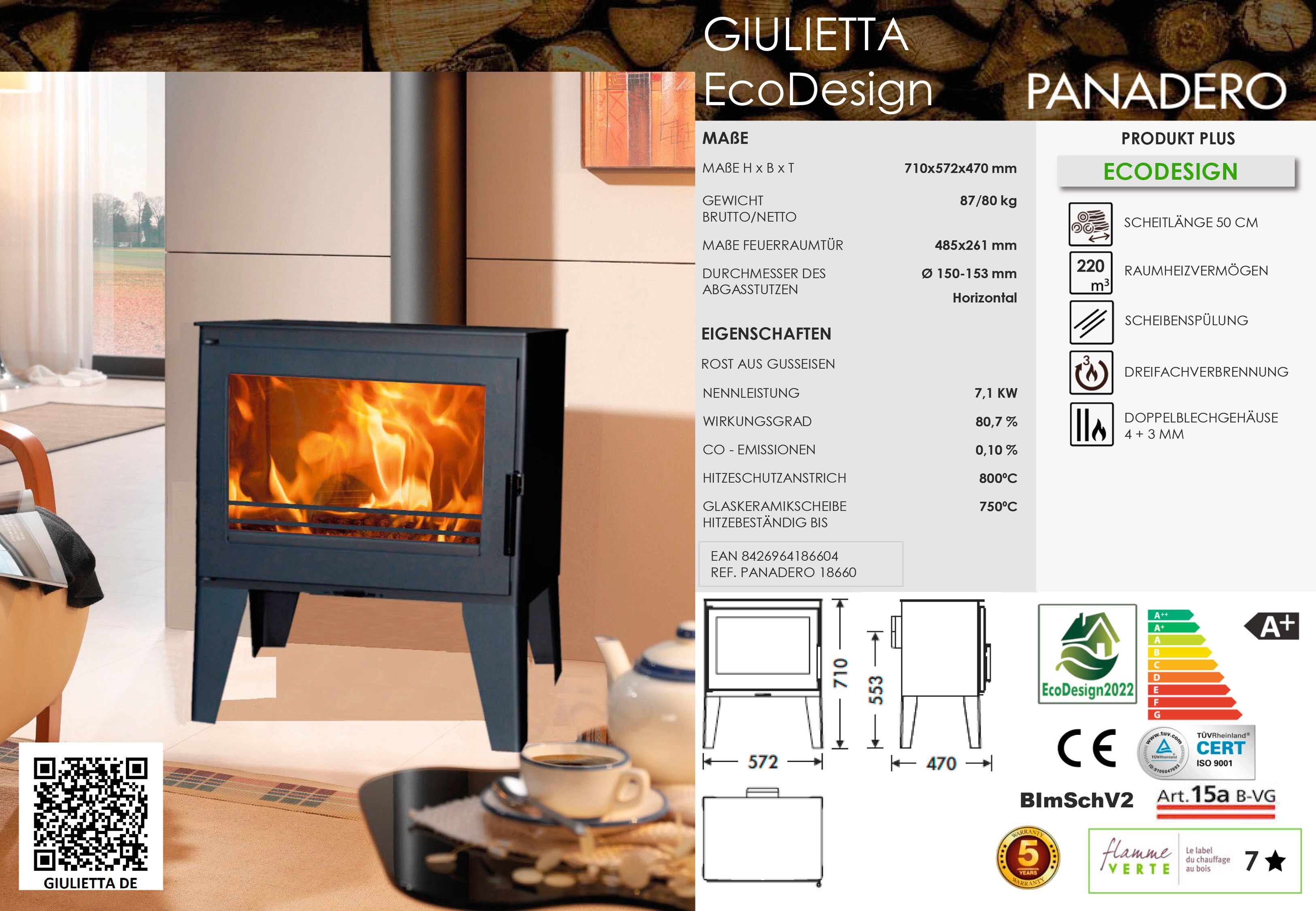 Kaminofen PANADERO "Kaminofen Giulietta Ecodesign", schwarz, Kaminöfen
