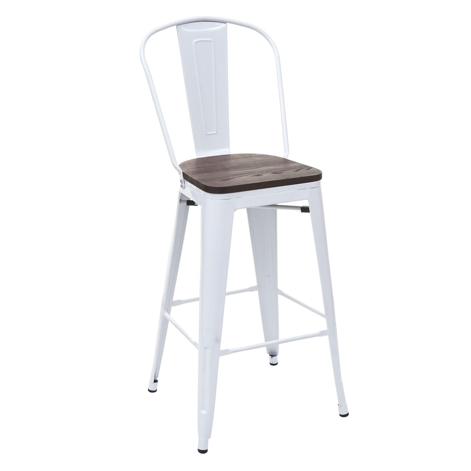 Barhocker MCW-A73 inkl. Holz-Sitzfläche, Barstuhl Tresenhocker mit Lehne, Metall Industriedesign ~ weiß