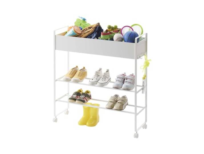YAMAZAKI TOWER Chariot de rangement avec panier\, en acier - pour plantes\, chaussures et jouets\, avec crochets et séparation - 22 x 74.5 x 74\,5 cm\, design japonais\, blanc