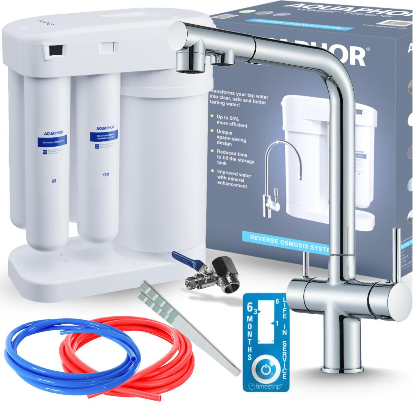 Wasserfilter Set Aquaphor Morion mit 3-Wege Küchenarmatur Ari Venom 2, Umkehrosmose, 360° schwenkbar, ausziehbar, Chrom
