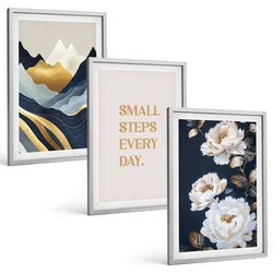 BILDER SET 3er Set - 40x60 cm Silberner Rahmen - Abstrakte Berge und Blumen Inspiration