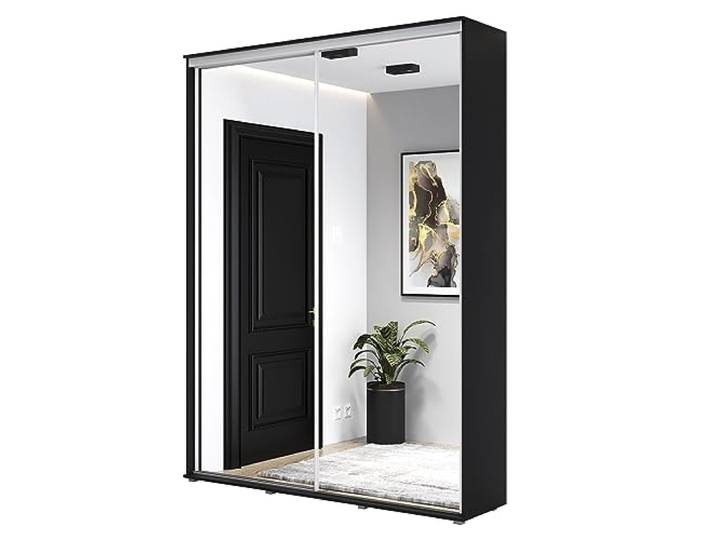 Meble Slupia Schwebetürenschrank mit Zwei Spiegeln - Schiebetüren, Kleiderstange, Einlegeboden - Schlafzimmerschrank - 140x242x45 cm, Schwarz