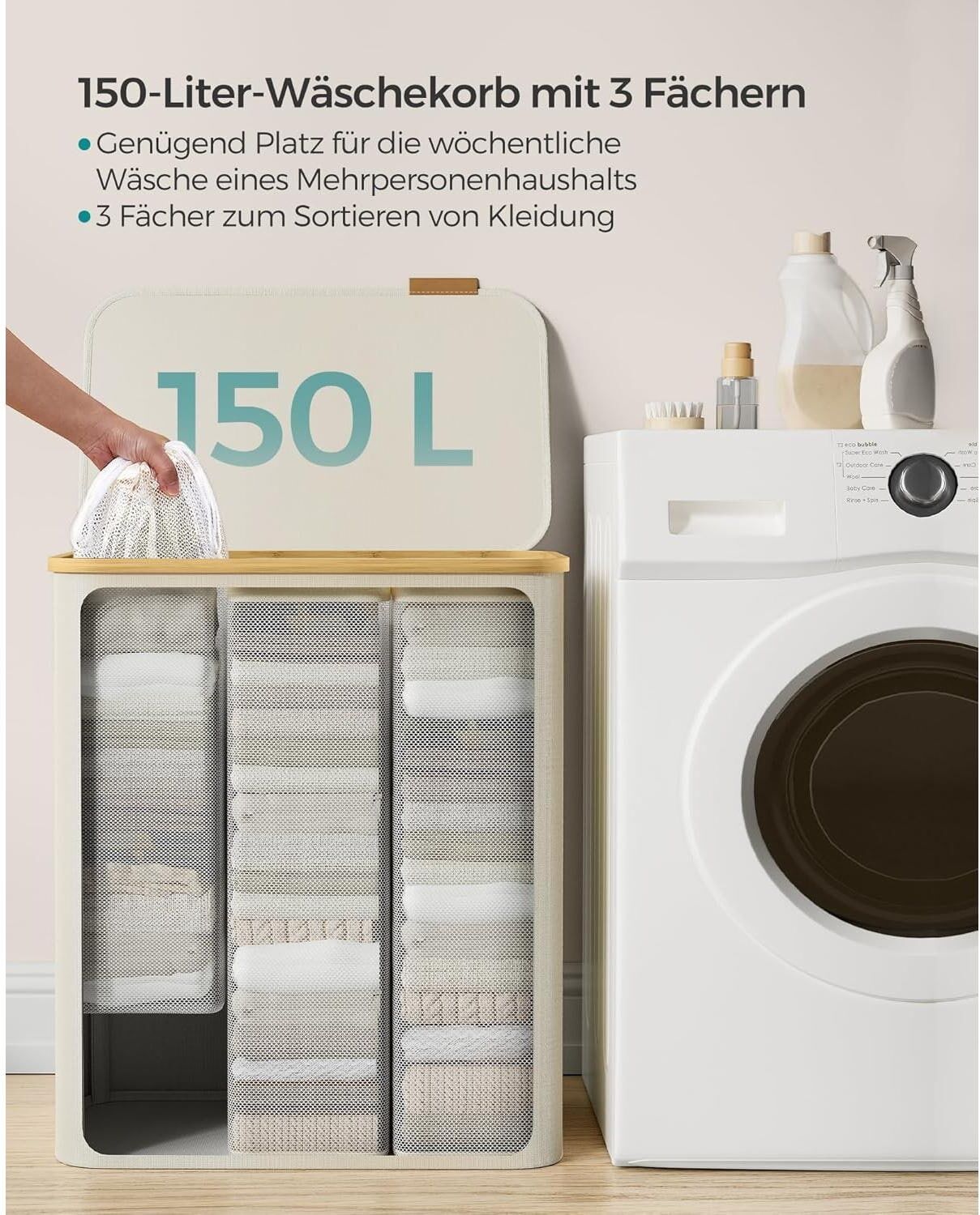 Wäschekorb SONGMICS "150 l", beige (natur), Kunststoff, Wäschesammler, Wäschekorb natur Einheitsgröße