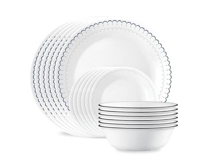 Corelle 18-teiliges Geschirr-Set, Service für 6 Personen, leichte, runde Teller und Schüsseln, Vitrelle dreilagiges Glas, splitterfest, mikrowellen- und spülmaschinenfest, kaspisch, marineblau, weiß