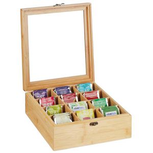 Relaxdays Teebox 10046345, für Teebeutel, natur, aus Bambus, mit Sichtfenster & Klappdeckel, 26,5 x 28,5 x 9,5cm, 12 Fächer