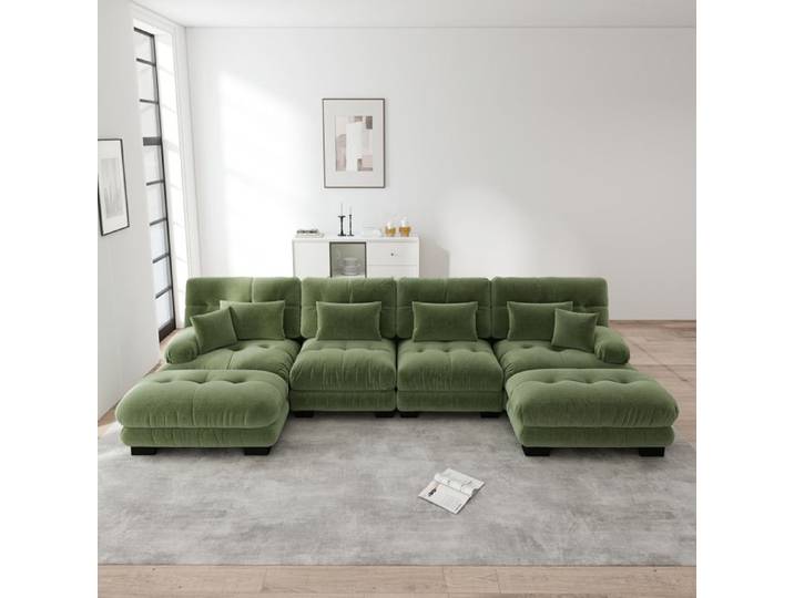 Canapé modulable d'angle U - ZEVKOR - Modèle U - 4 places - ottomans mobiles - tissu chenille effet nuage