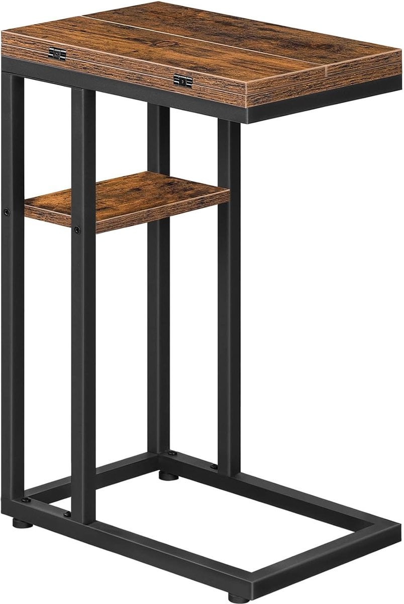 TRANKIELO Multifunctionele C-vormige Bijzettafel - Opvouwbaar en Verstelbaar - Rustiek Bruin en Zwart