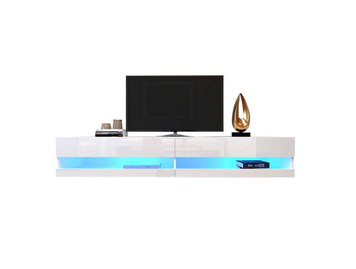 Flieks Tv-Schrank 140x40cm Lowboard Hochglanzweiß LED-Beleuchtung Stauraum, Weiß, Holz, 51.5x12x150.5 cm, Wohnzimmer, TV Möbel, Lowboards, Lowboards stehend