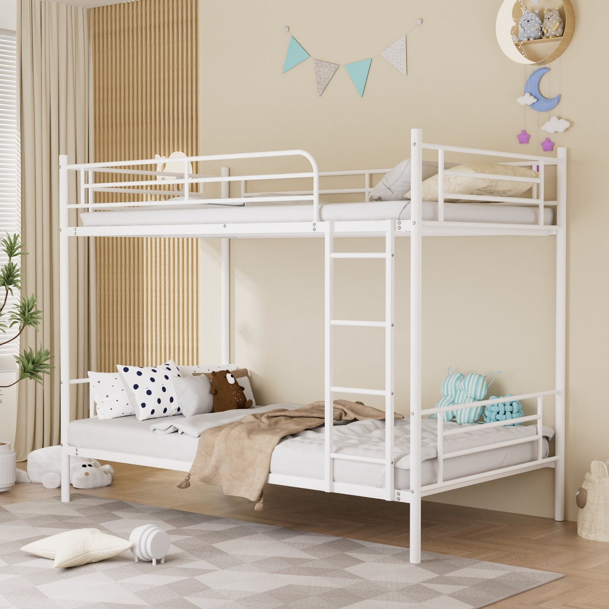 Wit Metalen Stapelbed voor Kinderen met Trap, Klimladder en Valbeveiliging, B/D/H: 90 x 190 cm