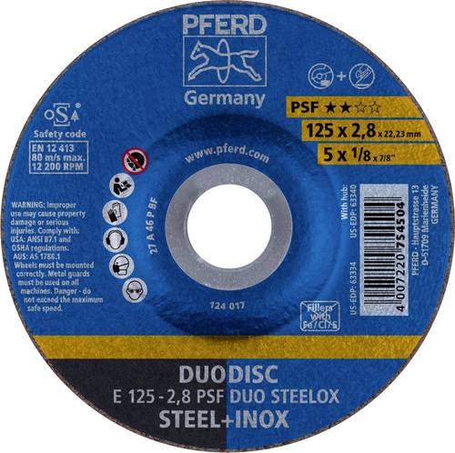 PFERD TOOLS 62012620 E 125-2,8 PSF DUO STEELOX Schruppscheibe gekröpft Durchmesser 125mm Bohrungs-Ø 22.23mm Edelstahl, Stahl