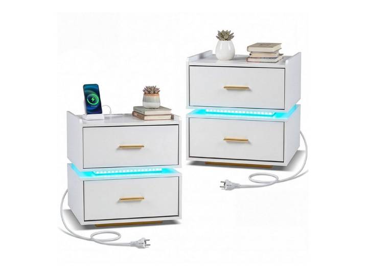 COSTWAY Nachttisch (2-St), LED Beistelltisch mit Ladestation, Metallfuß