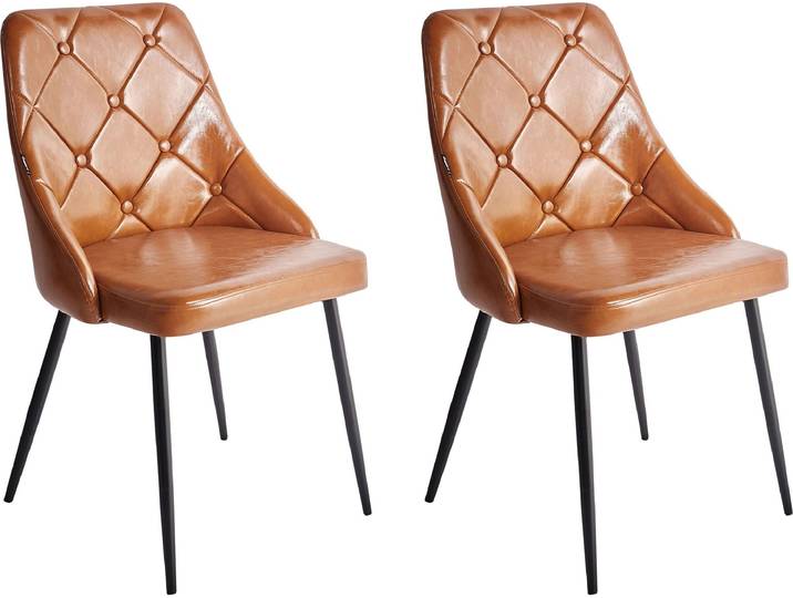 BELIANI Esszimmerstuhl 2er Set Goldbraun Kunstleder Gesteppt mit Knopfheftung Schwarze Schlanke Metallbeine Chesterfield Stil ohne Armlehnen Wohnküche