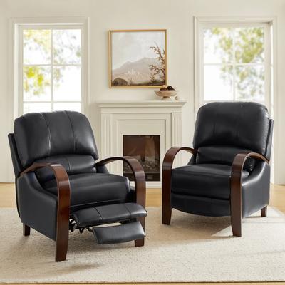 Art of Living Designs Alex Mid-century Modern Genuine Leather Manual Recliner with Wooden Curved Arms, Set of 2