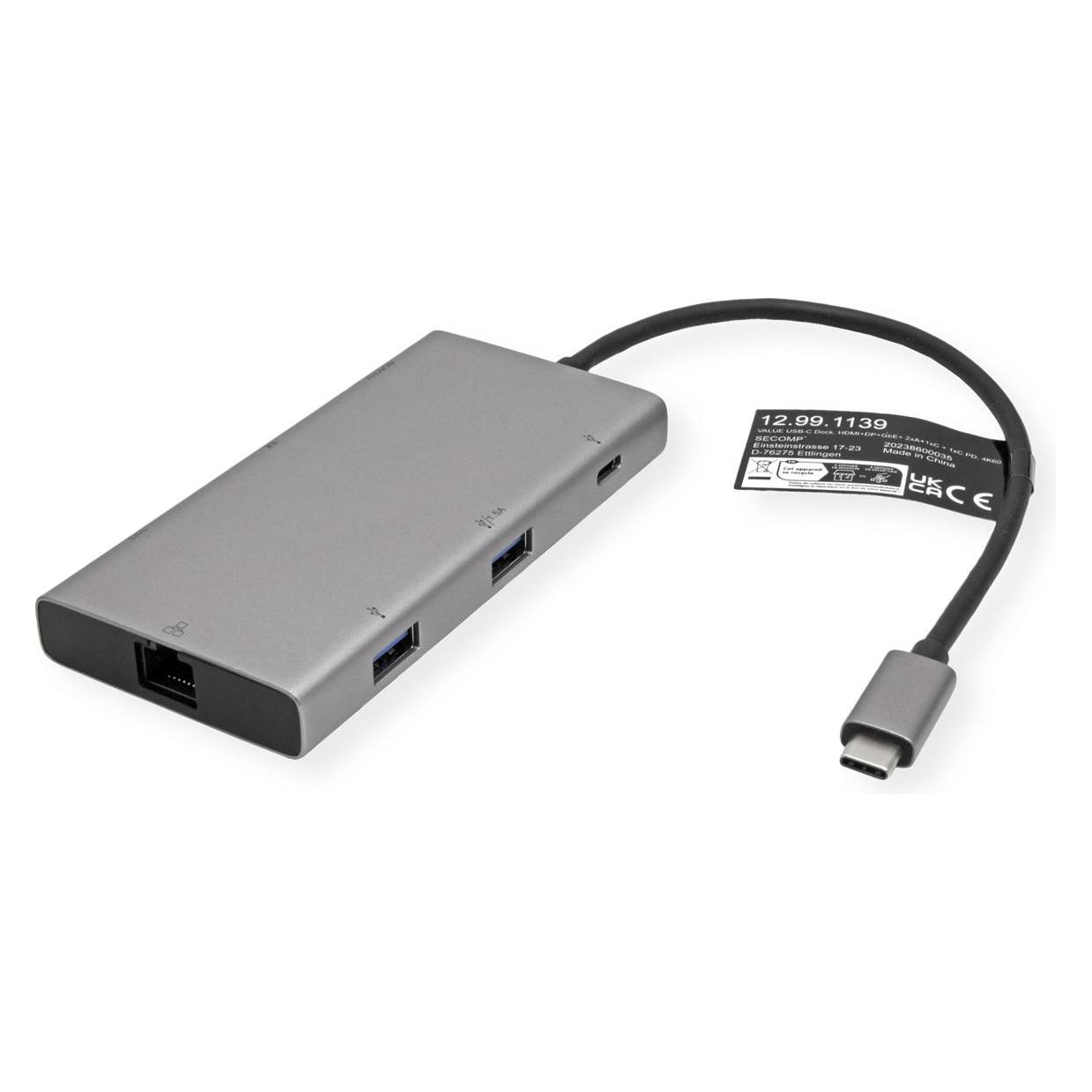 Value USB-C Dock HDMI+DP+GbE+ 2xA+ 1xC+ PD 4K60 - Digital/Daten - Digital/Display/Vide (USB-C, 7 Ports) (12.99.1139)