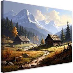 LEINWANDBILD, Berglandschaft mit Häuschen - Natur
