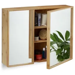 Relaxdays Bad Spiegelschrank mit 2 Türen Hellbraun,Transparent