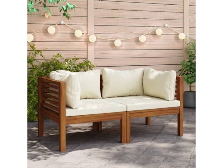 POUFGDR Ecksofas, 2-teilig, Akazie, massiv, Kissen, Cremeweiß Sektionalset für den Außenbereich, Kissen, gepolstert, ölbeschichtet, modular