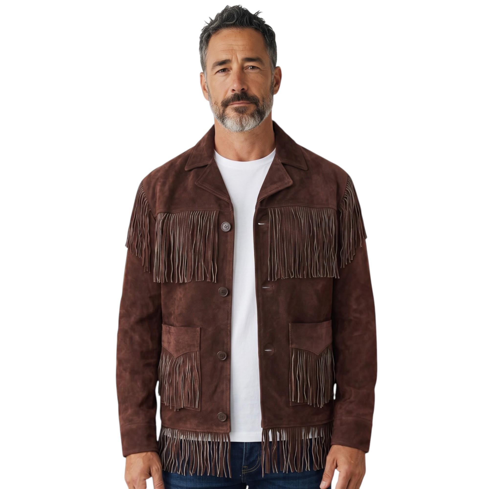Herren Western Retro Braune Cowboy Wildleder-Fransenjacke – Braga