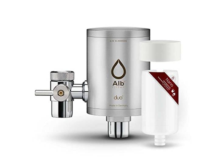 Alb Filter DUO NANO Wasserfilter Wasserhahn Edelstahl Matt + PROTECT Zertifizierte Keimsperre bis 0,1 µm gegen Legionellen & Bakterien, Trinkwasserfilter Küche, Made in Germany