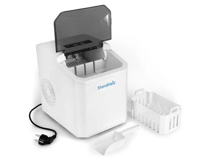 Eiswürfelmaschine Weiß 230 V – Kompakter Ice Maker mit Selbstreinigungsfunktion, 12 kg / 24 h, leise tragbare Eismaschine für große Eiswürfel mit Eiswürfelbehälter & Eisschaufel für Haus, Küche, Bar