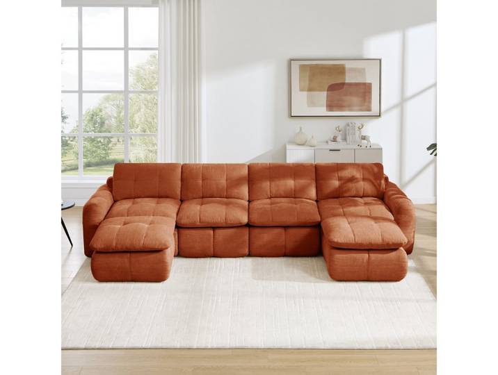 BBWL Sofa rahmenlos, Chenille, Karostepp-Design, tiefe Sitze, 2 Ottomanen, 4-Sitzer U-Modulsofa, flexibel kombinierbar