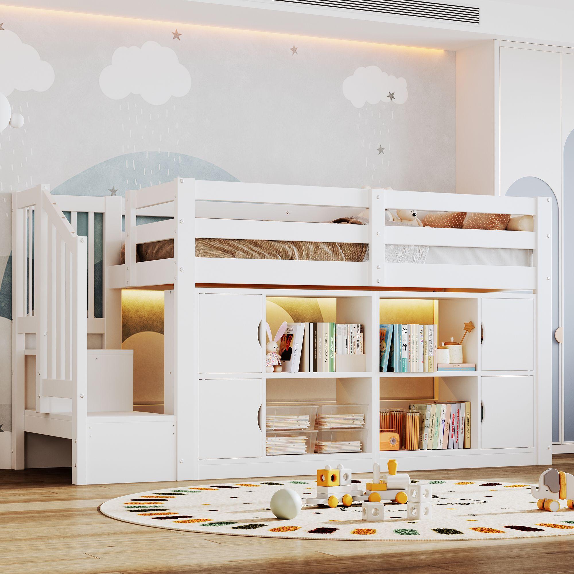 Merax Hochbett Kinderbett 90x200 cm, Etagenbett mit Treppe, Stauraum, Schränken, Regalfächern und LED-Beleuchtung, Kinderbett, Weiß