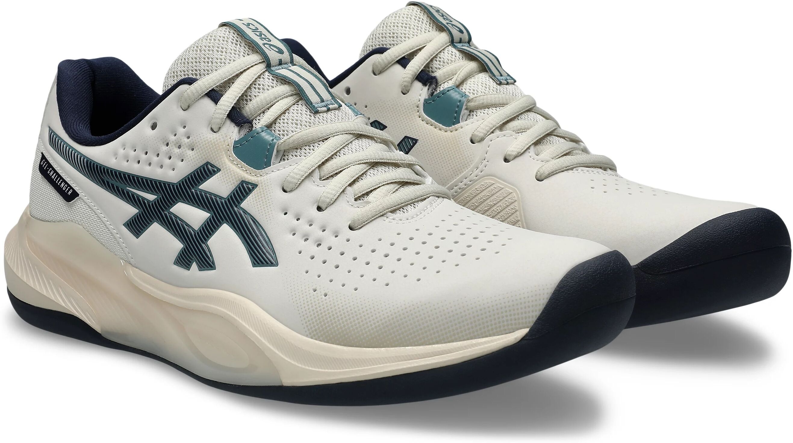 Tennisschuh ASICS "GEL-CHALLENGER 15 INDOOR", Herren, Gr. 42, weiss (oatmeal, midnight), Synthetik, Schuhe Tennisschuh, für Teppichböden oatmeal, midnight 42